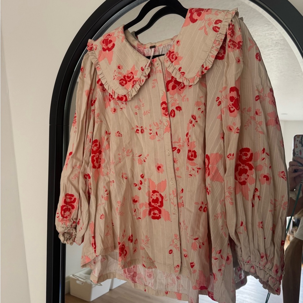 Free People Beige Blouse with Red Floral Print